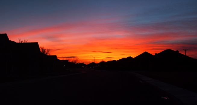 [The yellow and red sections merged to become orange and blend into the blue above. This is two images stitched together and are a closer view of the horizon.]